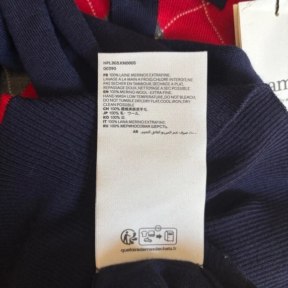 Ami Alexandre Mattiussi Navy Blue Grey Red Men’s Argyle Wool Sweater NWT Size L